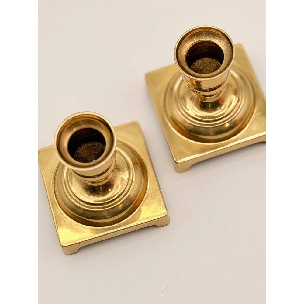 Vintage Pair Solid Brass Square Base Candlestick Holders Made in England 3 Inch